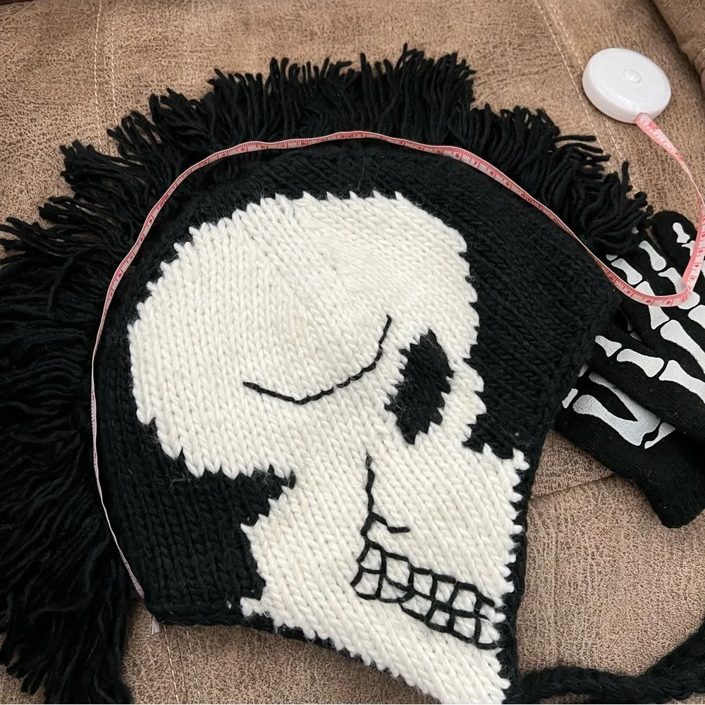 Skull Mohawk Knit Beanie with Skelton Gloves
